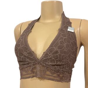 Victoria’s Secret Pink floral lace Unlined Halter bralette bra taupe Medium